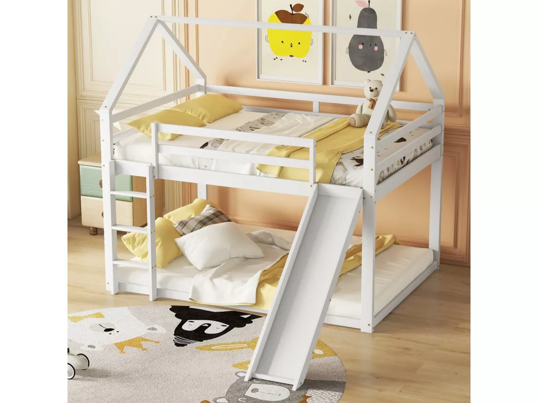 Lits superposés cabane 2 x 140 x 200 cm - escaliers et toboggan - Pin et MDF - Blanc