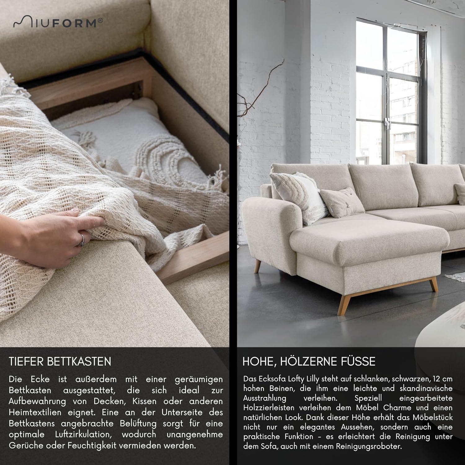 MIUFORM Scandic Lagom mit Bettkasten | 8 Sitzer Sofa | U-Form rechts | 312x202x90cm Couch | Klappsofa mit Schlaffunktion (Beige)
