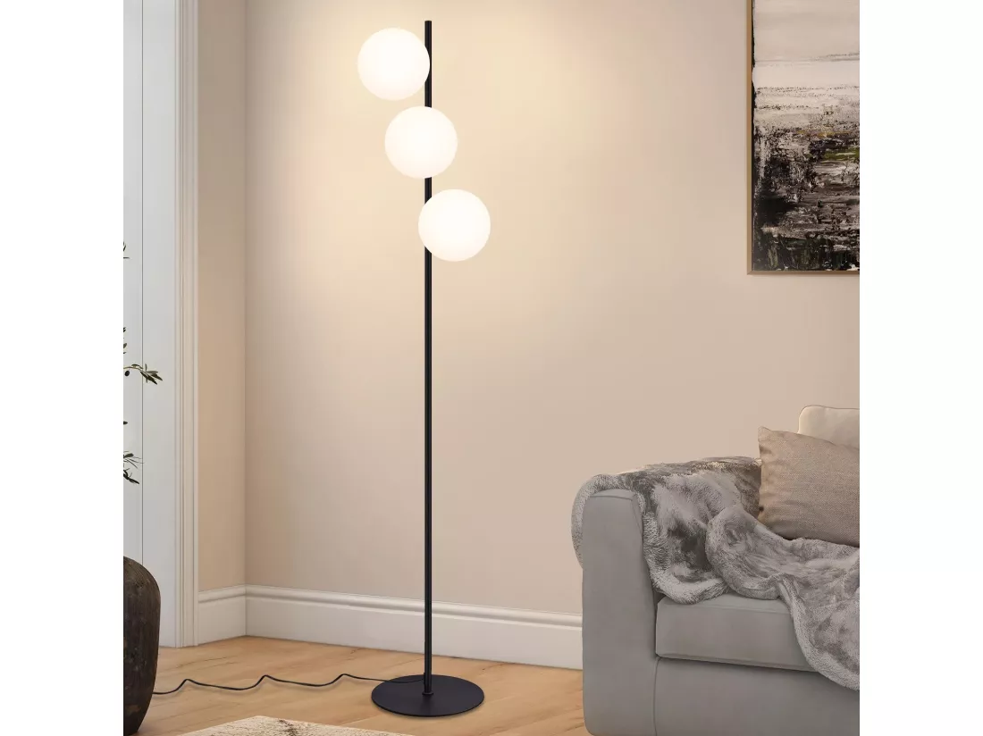 NETTLIFE Lampadaire noir - Moderne Lampadaire Salon à 3 flammes avec interrupteur à pied Métal Design Verre E27 Industriel Vintage Lampe de sol