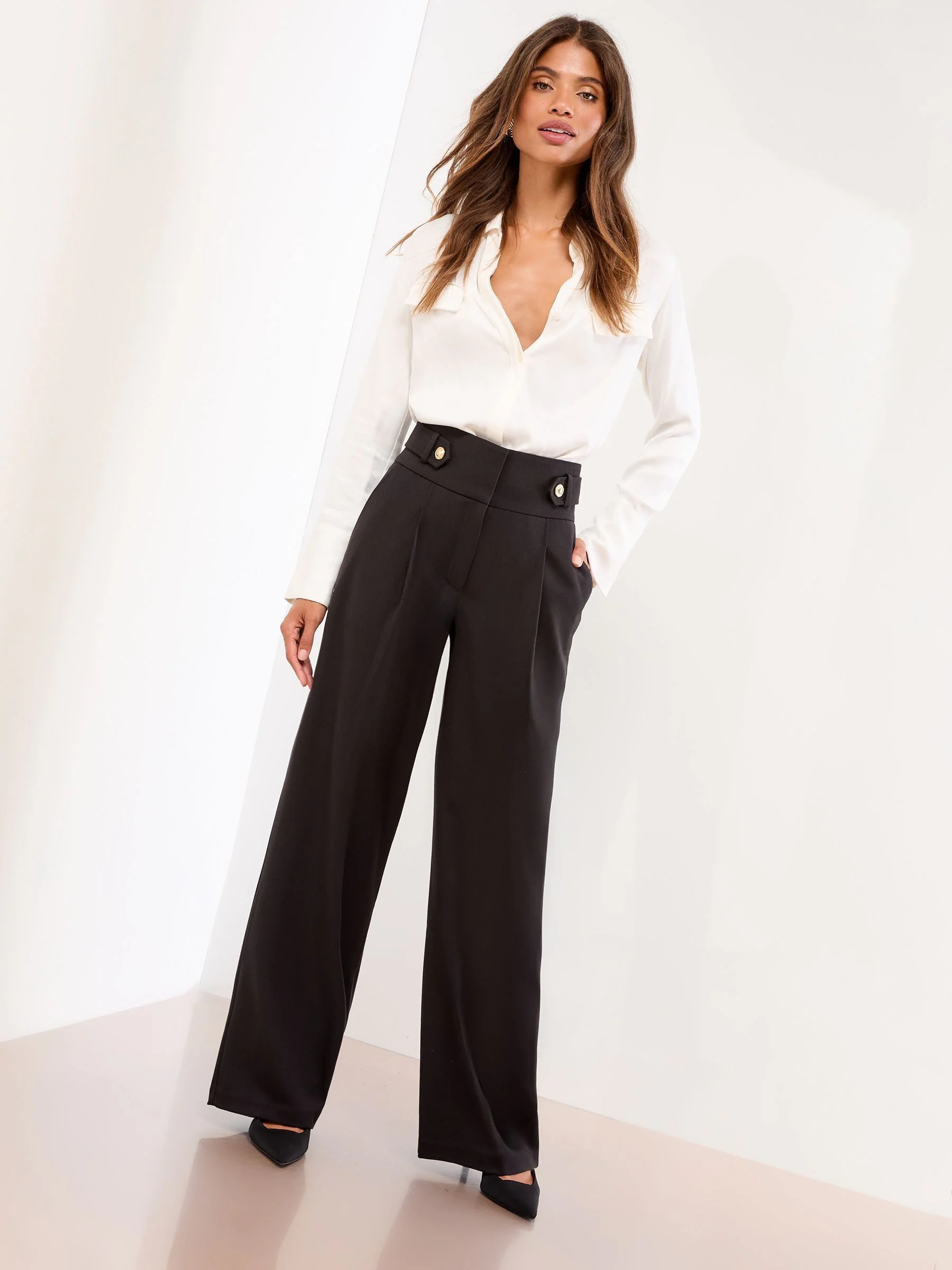 Zwart - Lipsy Deep Waistband Tailored Wide Leg Trousers
