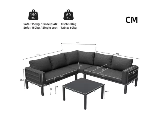 Salon de jardin (4-5 places), 1 table basse en verre trempé, structure en fer galvanisé, coussins d'assise et coussins gris, avec pieds réglables