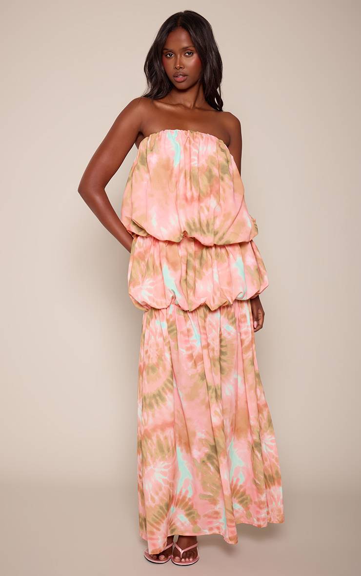 Pêche Robe Maxi Imprimée À Encolure Cœur Et Volants Étagés