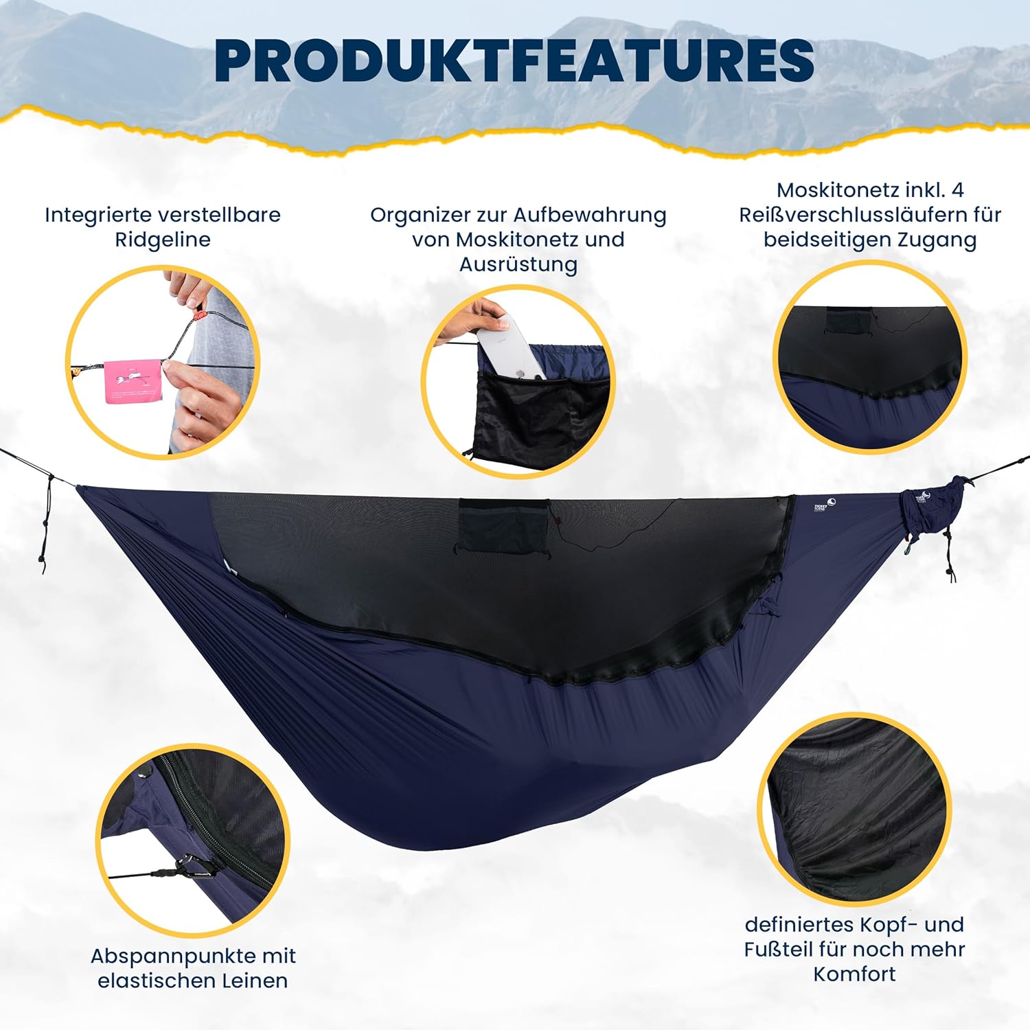 Lightest PRO-Hängematte - Ultraleicht (590 g), Kompakt (325 cm x 140 cm) - inkl. Insektenschutz & integrierter Ridgeline - variierbare Länge (bis zu 3,1 m), Aufbewahrungssystem (Marineblau)