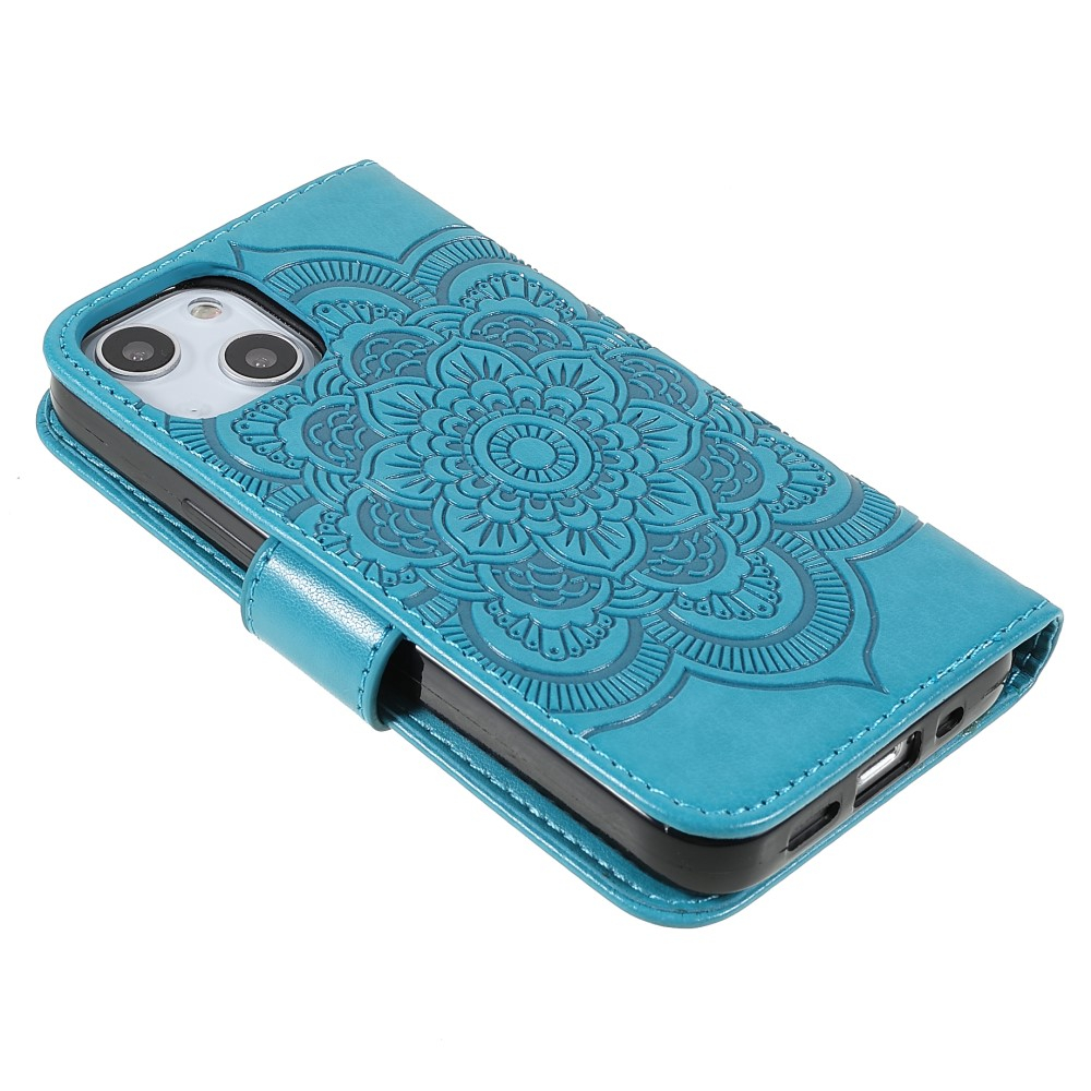 iPhone 13 Leder Tasche Wallet - Mandala Flowers Imprint - Blau