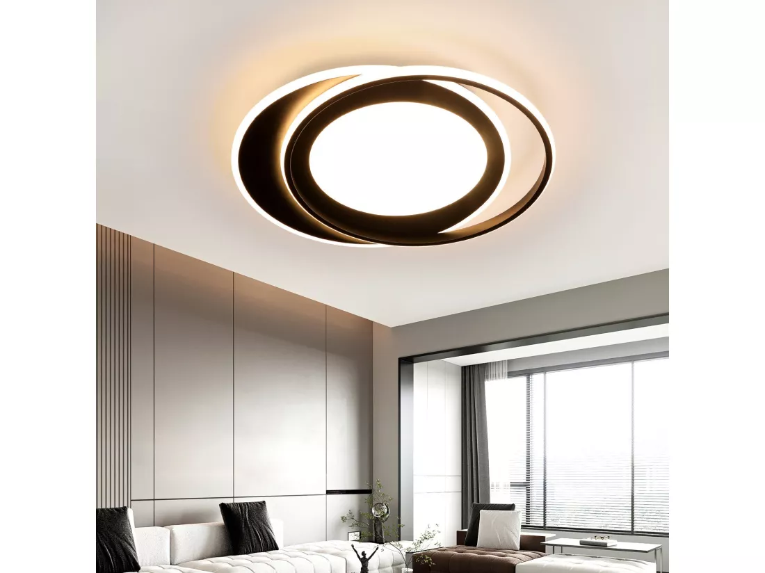 NETTLIFE Plafonnier LED Rond 66W Moderne 48,5 cm Chambre Noir Dimmable avec Télécommande Salon pour Cuisine Couloir Bureau
