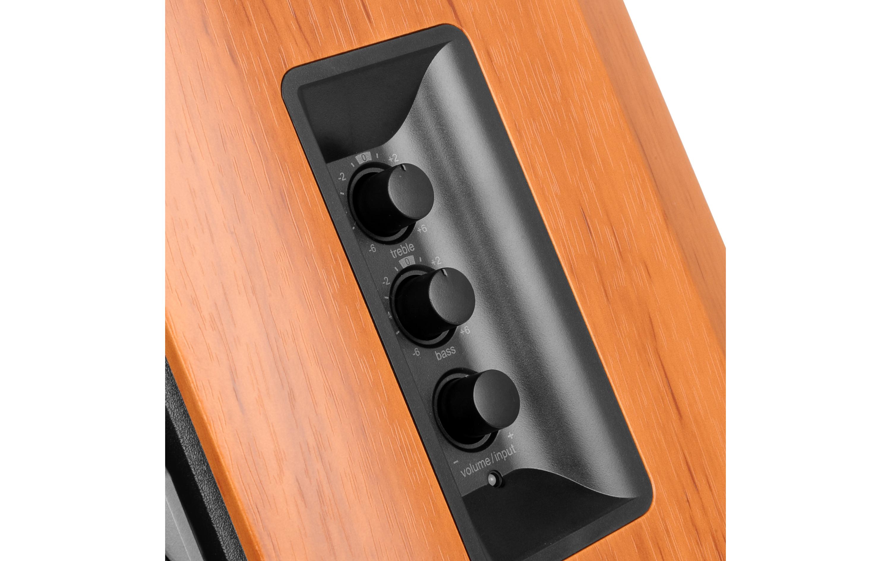 Regallautsprecher Paar R1380T Braun, Schwarz<br>Aktive 2.0 Regallautsprecher mit 42 Watt Leistung, 2x Cinch-Eingängen
