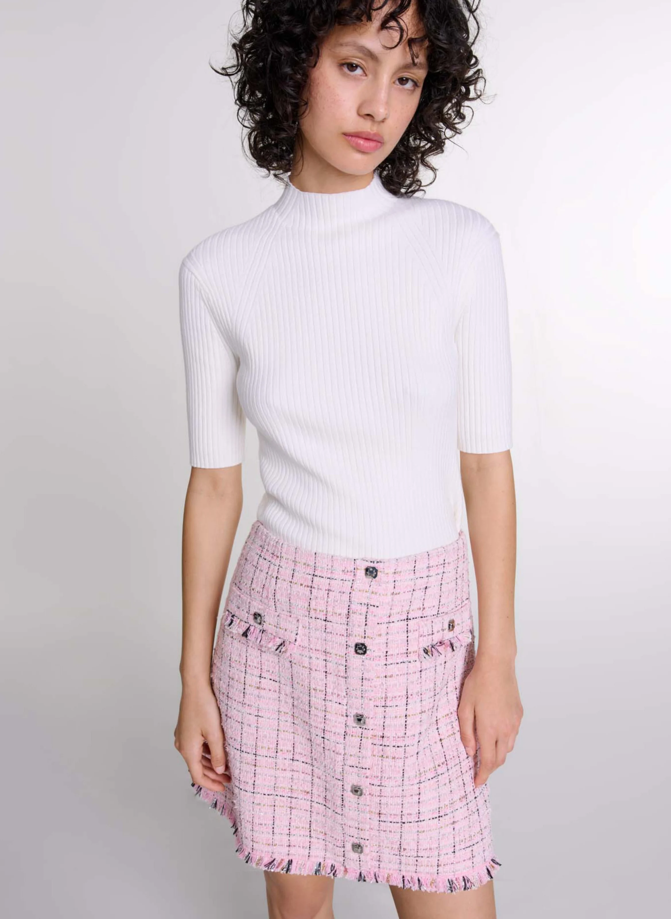 Jupe courte droite en tweed | Rose