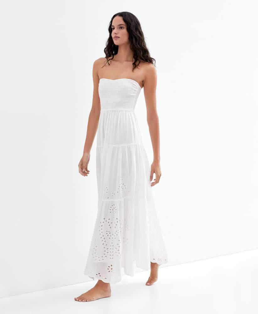 Vestido longo, 100% algodão, bordado suíço.