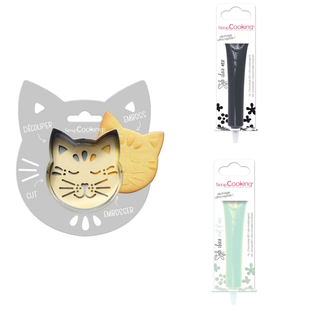 Kit pour biscuit en relief Chat + 2 Stylos au chocolat noir et vert d'