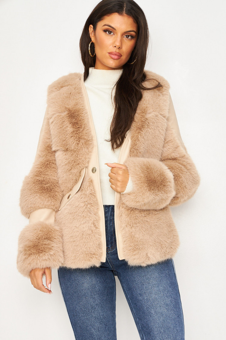Veste beige simili cuir et fausse fourrure