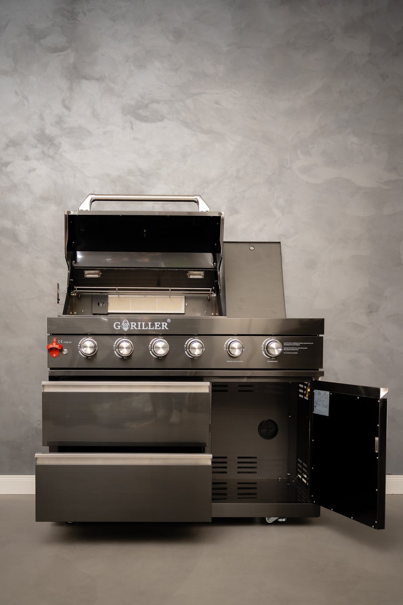GORILLER GrillMaster 130x58x90 4-pits + zijbrander + achterbrander (incl. draaispit en binnenverlichting)