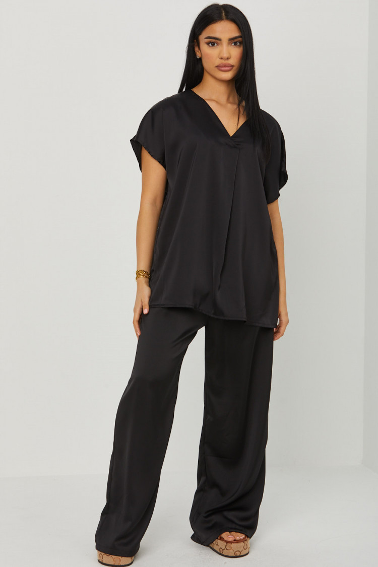 Ensemble 2 pièces blouse + pantalon satiné noir