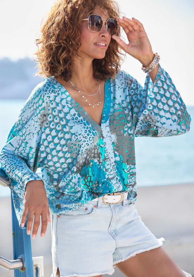 Buffalo Fledermausshirt , mit Animaldruck, lockere Bluse mit V-Ausschnitt, Blusenshirt