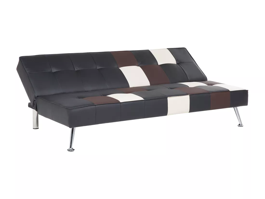 Canapé convertible 3 places patchwork en cuir PU noir et beige OLSKER