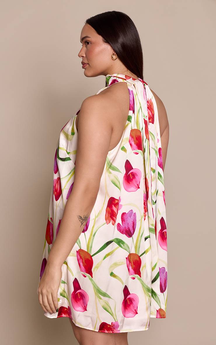 Blanc Robe Droite Grande Taille À Col Montant Imprimé Fleuri