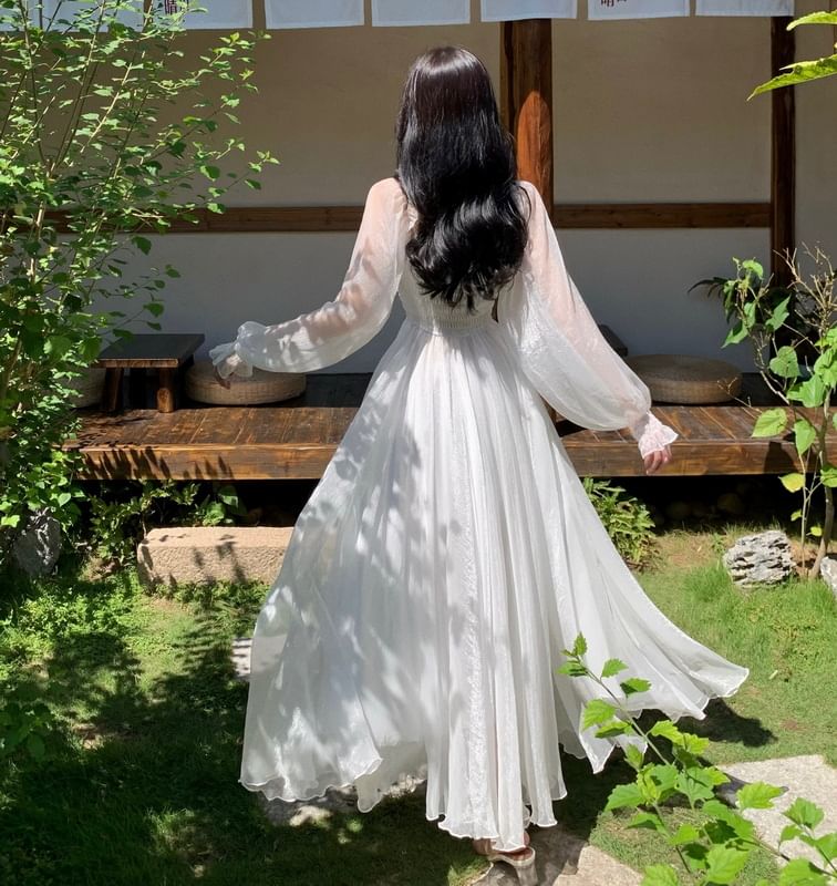 JIYON - Lange mouwen off-shoulder maxi-A-lijnjurk met ruches en ruches