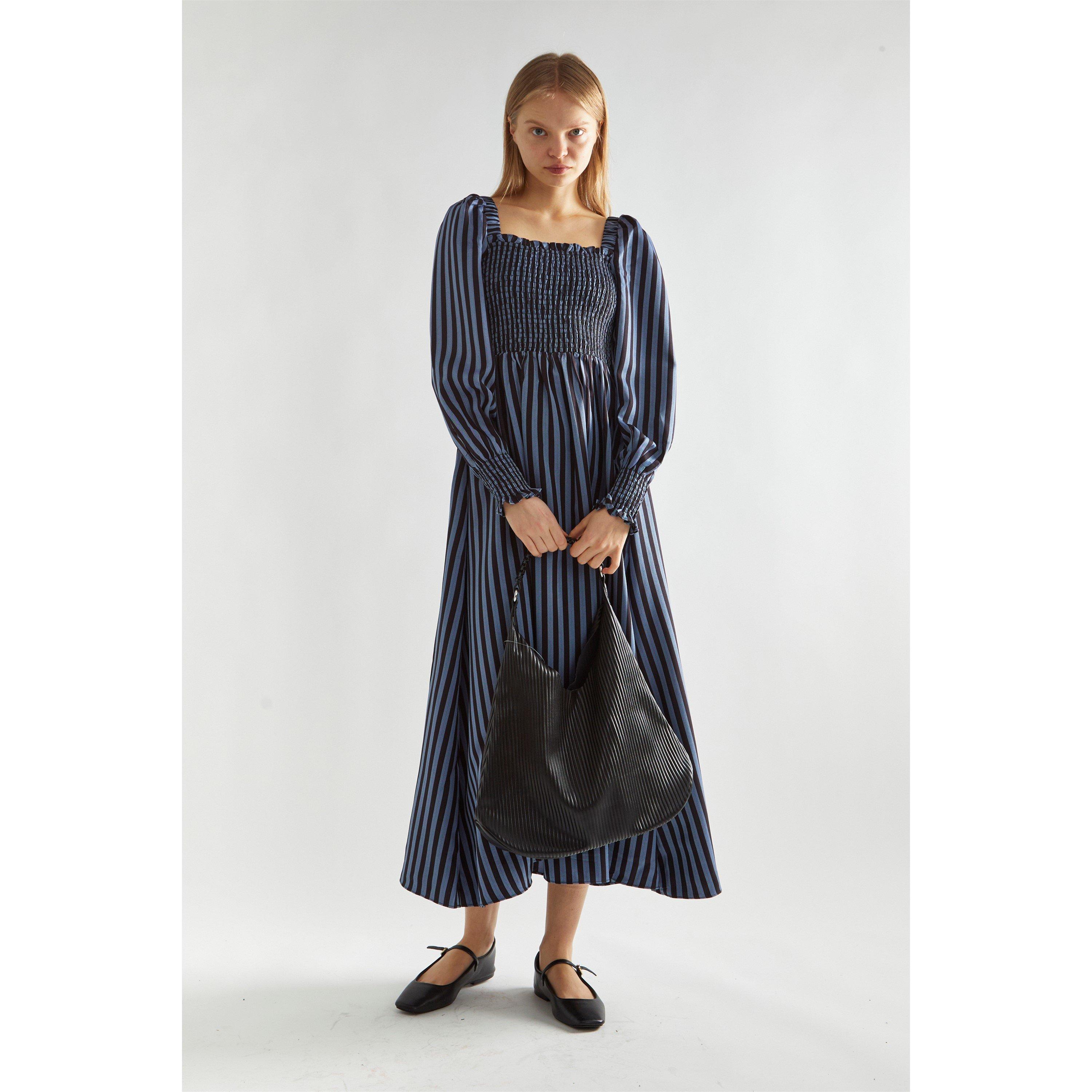 Glamorous Blue Black Stripe Shirred Midi Dress