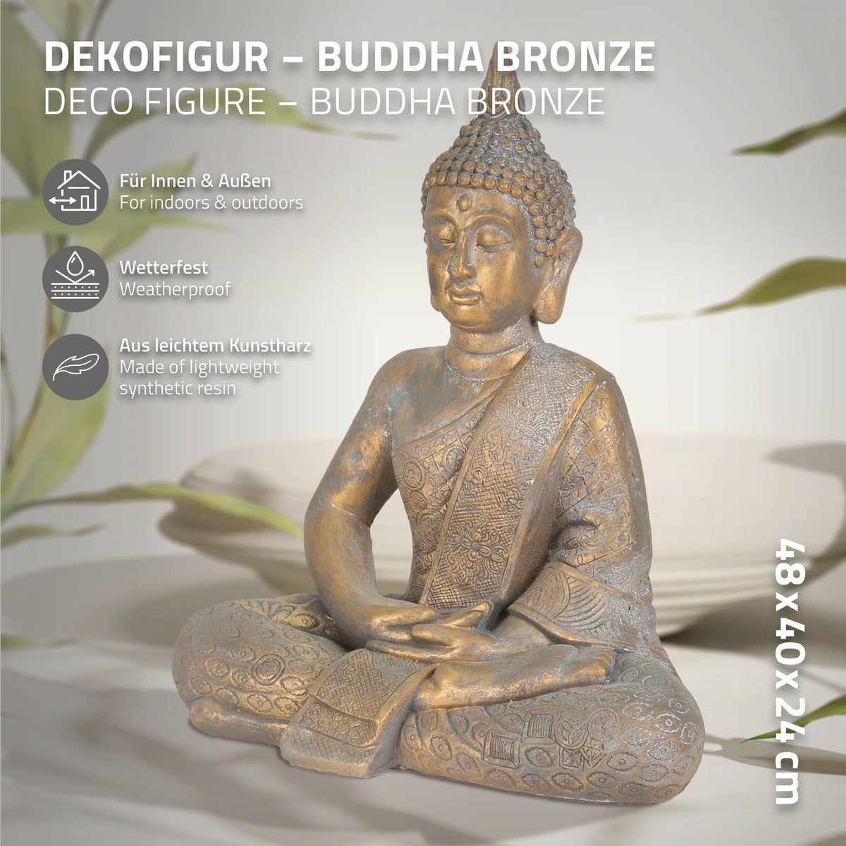 ECD Duitsland Boeddhabeeld, zittend, 48 cm hoog, gemaakt van weerbestendig polyresin, brons, Feng Shui, Boeddhabeeld als decoratie voor huis, appartement en tuin, tuinbeeld, decoratief figuur, sculptuur voor binnen en buiten