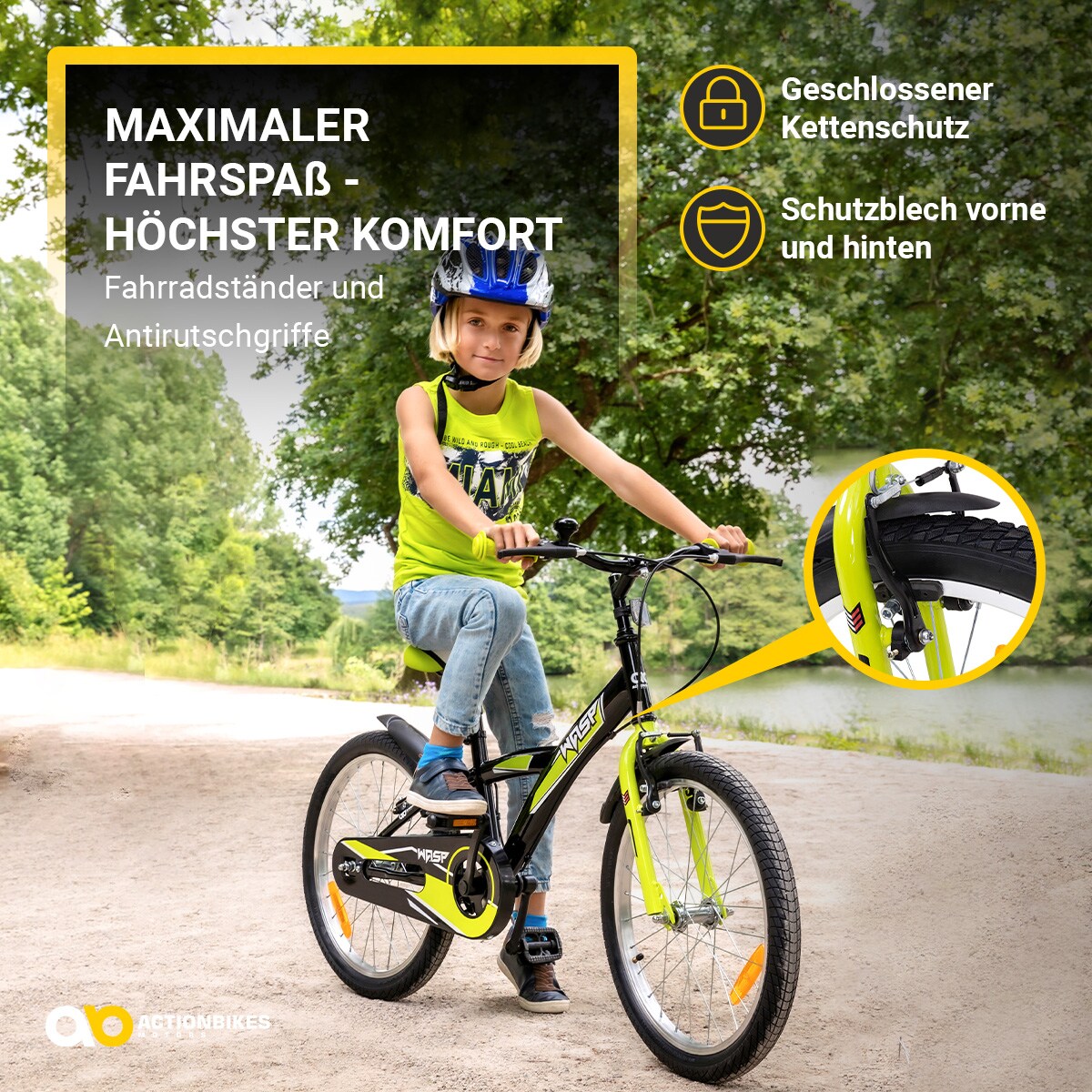 Actionbikes Kinderfahrrad Wasp 20 Zoll, Fahrradständer, Schutzbleche, verstellbar, V-Brake-Bremsen (Schwarz-Grün)