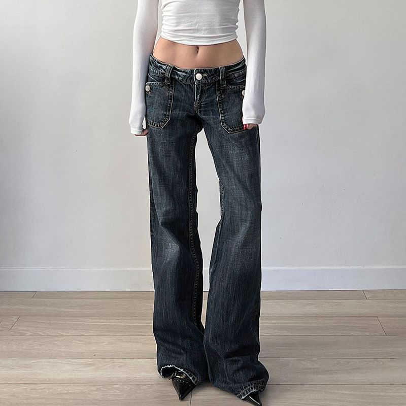 PolkaBella - Low Rise Washed Flared Jeans