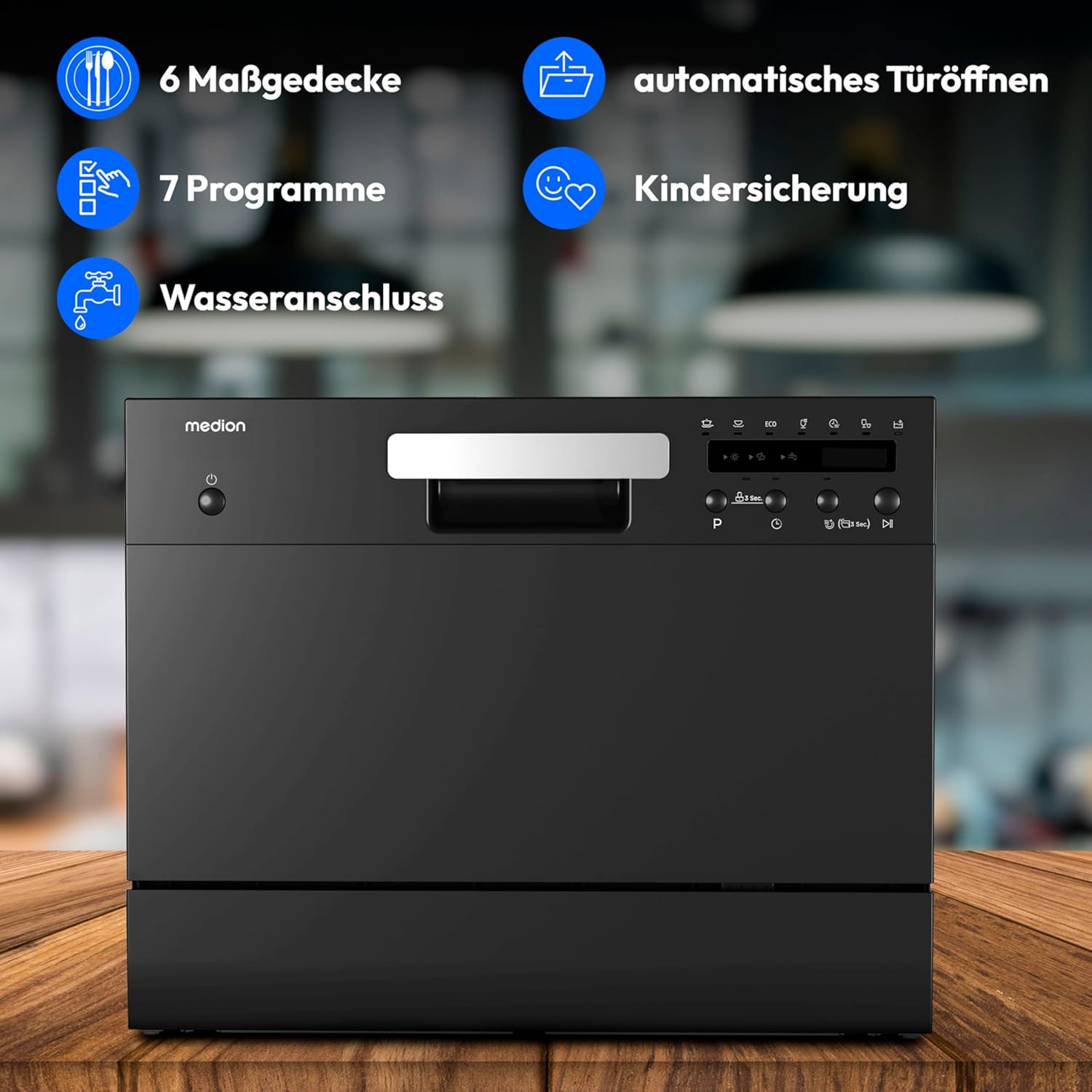MEDION Tischgeschirrspüler DWT60 (6 Gedecke Fassungsvermögen, 7 Programme, ECO Programm, ca. 6,5 Liter Verbrauch, AquaStop, LED Display, Kindersicherung, MD37496) schwarz