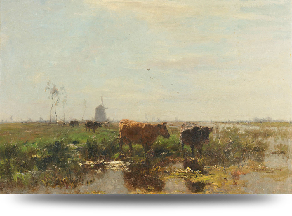 Canvas schilderij - Koeien in een weiland bij een sloot 80 x 60 cm
