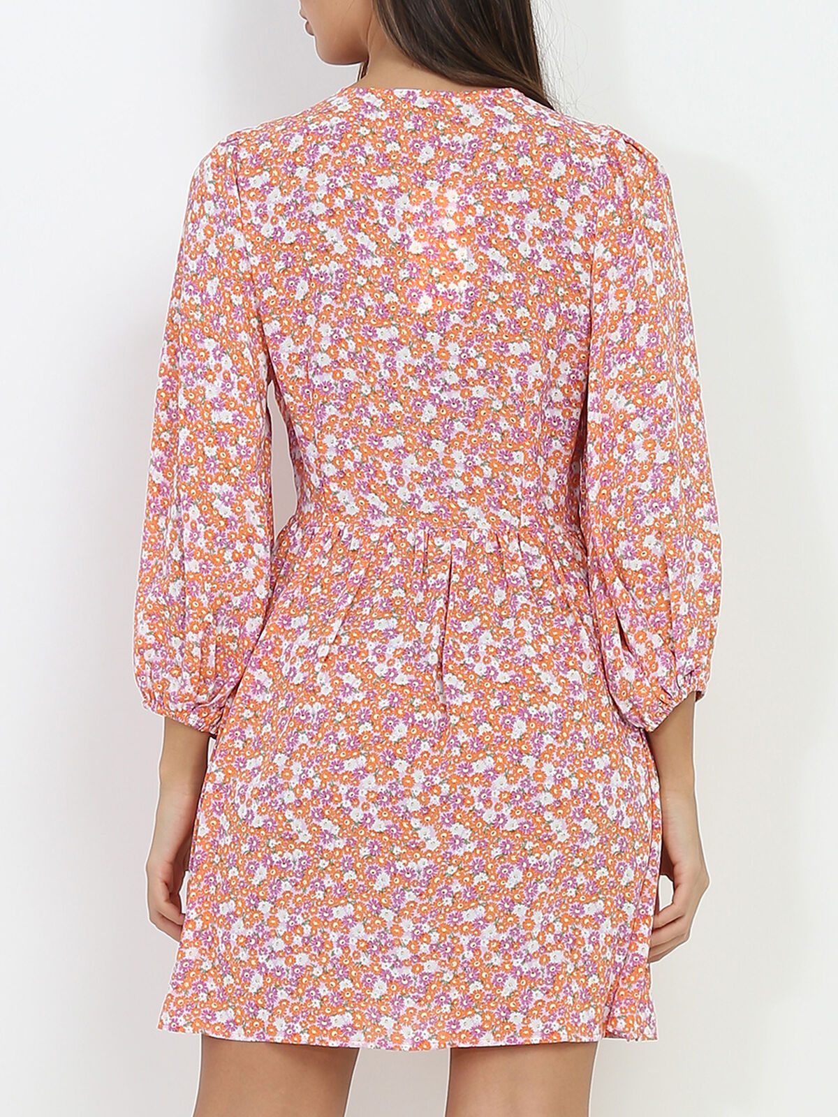 Robe patineuse à fleurs et boutons- Rose