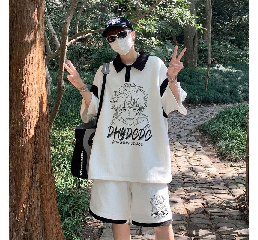Derbundy - Set: Anime Print Panel Polo Shirt met Elleboogmouwen + Sweat Shorts