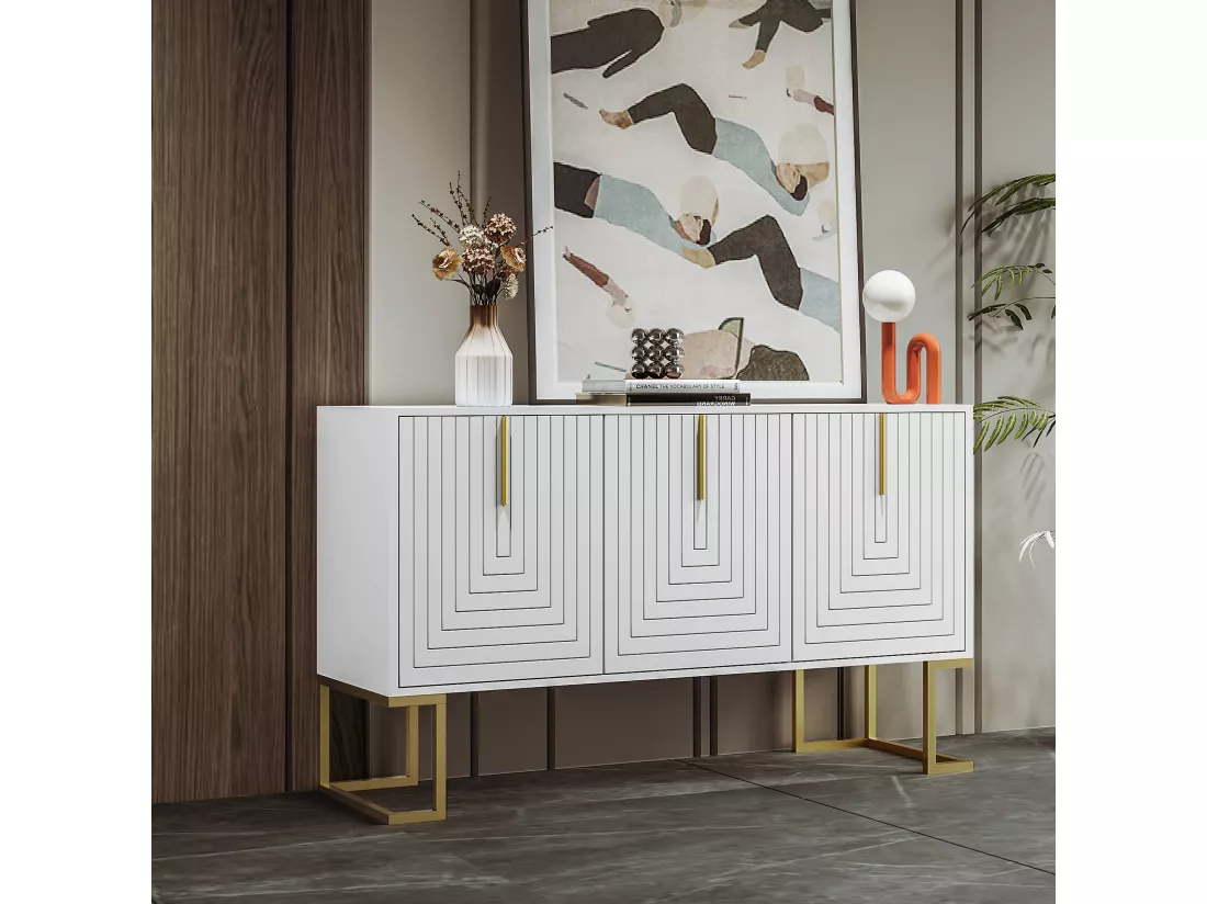 Buffet bas 3 portes avec étagères réglables - 138x40x80.5cm - Bois MDF et métal doré - Blanc
