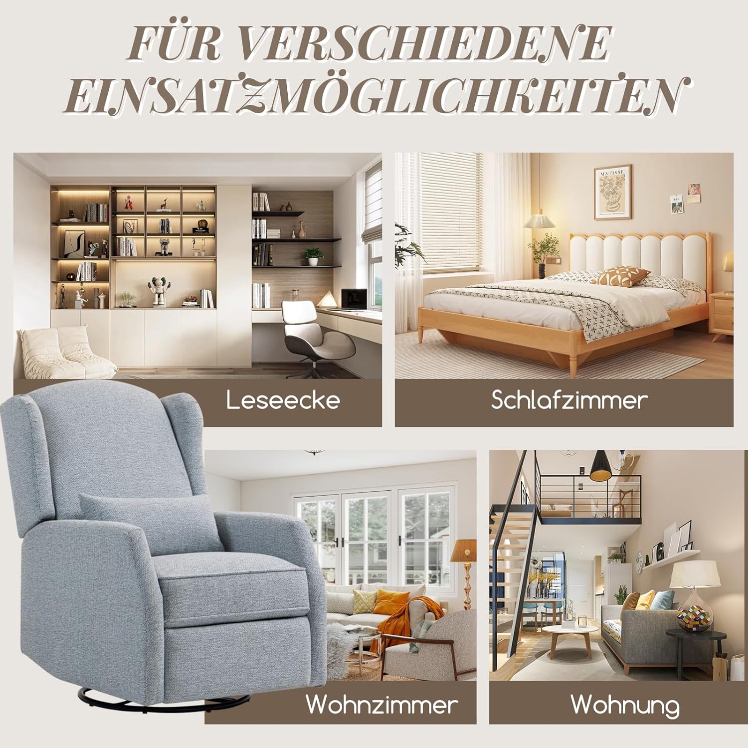 Relaxsessel mit Liegefunktion, 360°Drehbarer Fernsehsessel Wohnzimmer, Schaukelstuhl mit gepolsterte Lordosenstütze, TV Sessel Wippfunktion, Manuell Verstellbar(Grau) Grau