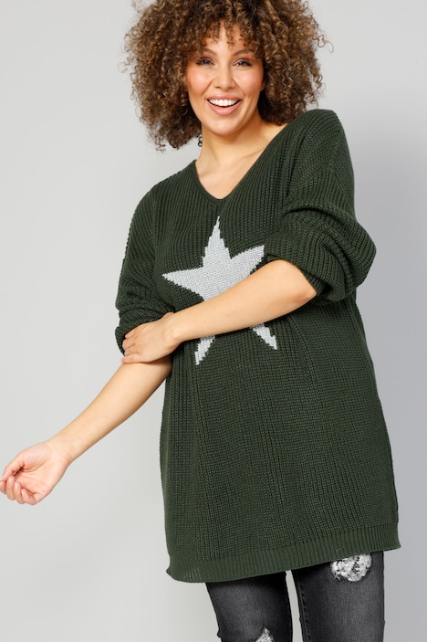 Long-Pullover, großer Stern, V-Ausschnitt, Langarm