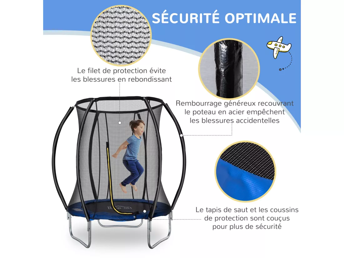 Trampoline enfant Ø 2,25 × 2,35H m filet de sécurité porte zipée couvre-ressorts 6 poteaux rembourrés incurvés bleu
