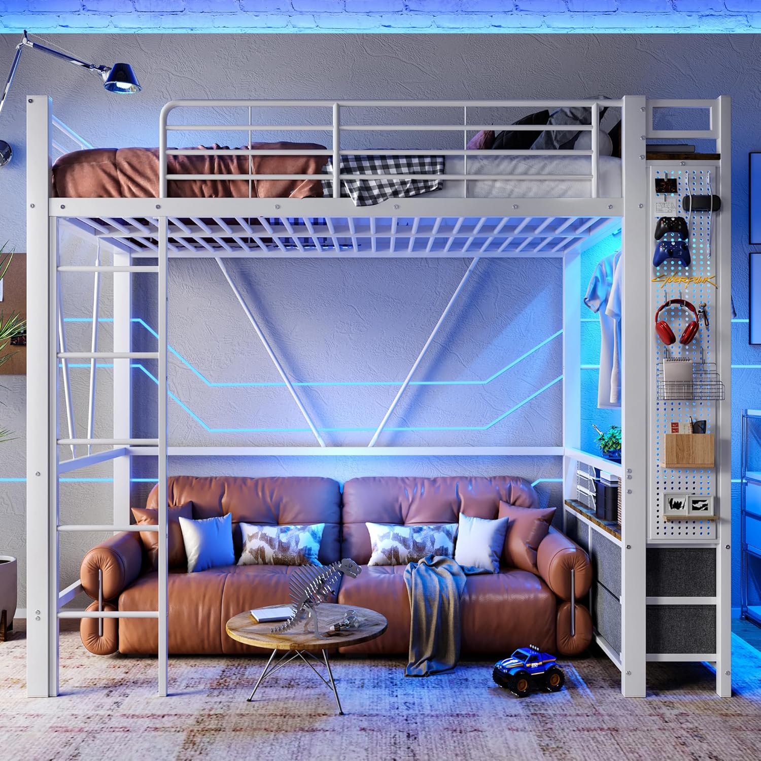 Kebnor Hochbett, Eisenrahmen, Mit Trockenstab, Mit Einlegeböden, 4 Schubladen, Mit USB+Type-C Steckdose, LED-Leiste, Geländer, Trittleiter, mit Lochbrett, ohne Matratze, 90 x 200cm (Weiß)