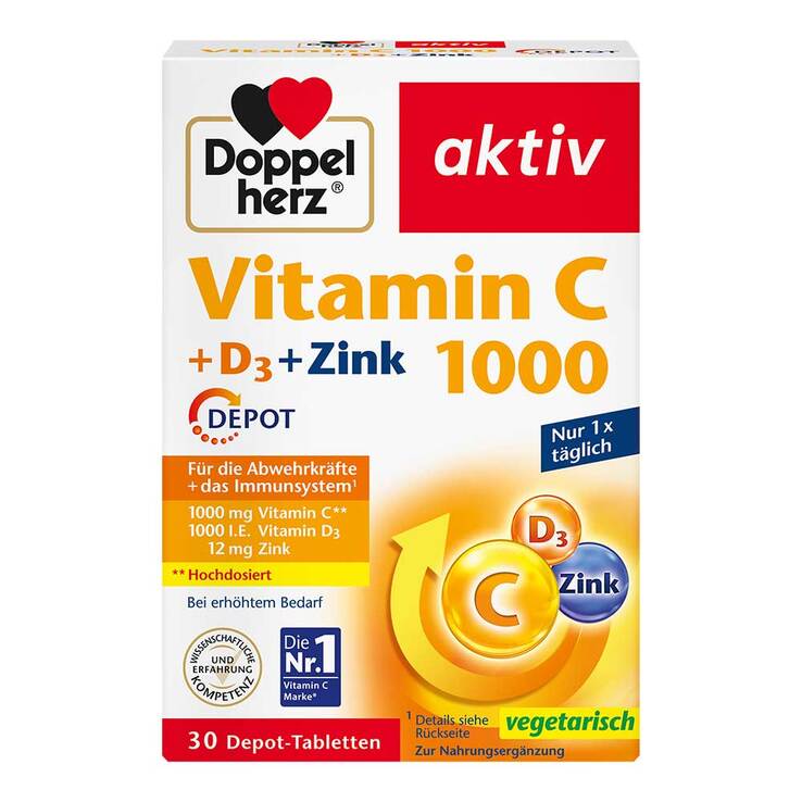 Doppelherz Vitamin C 1000 + D3 + Zink Depot Tabletten, 30 St