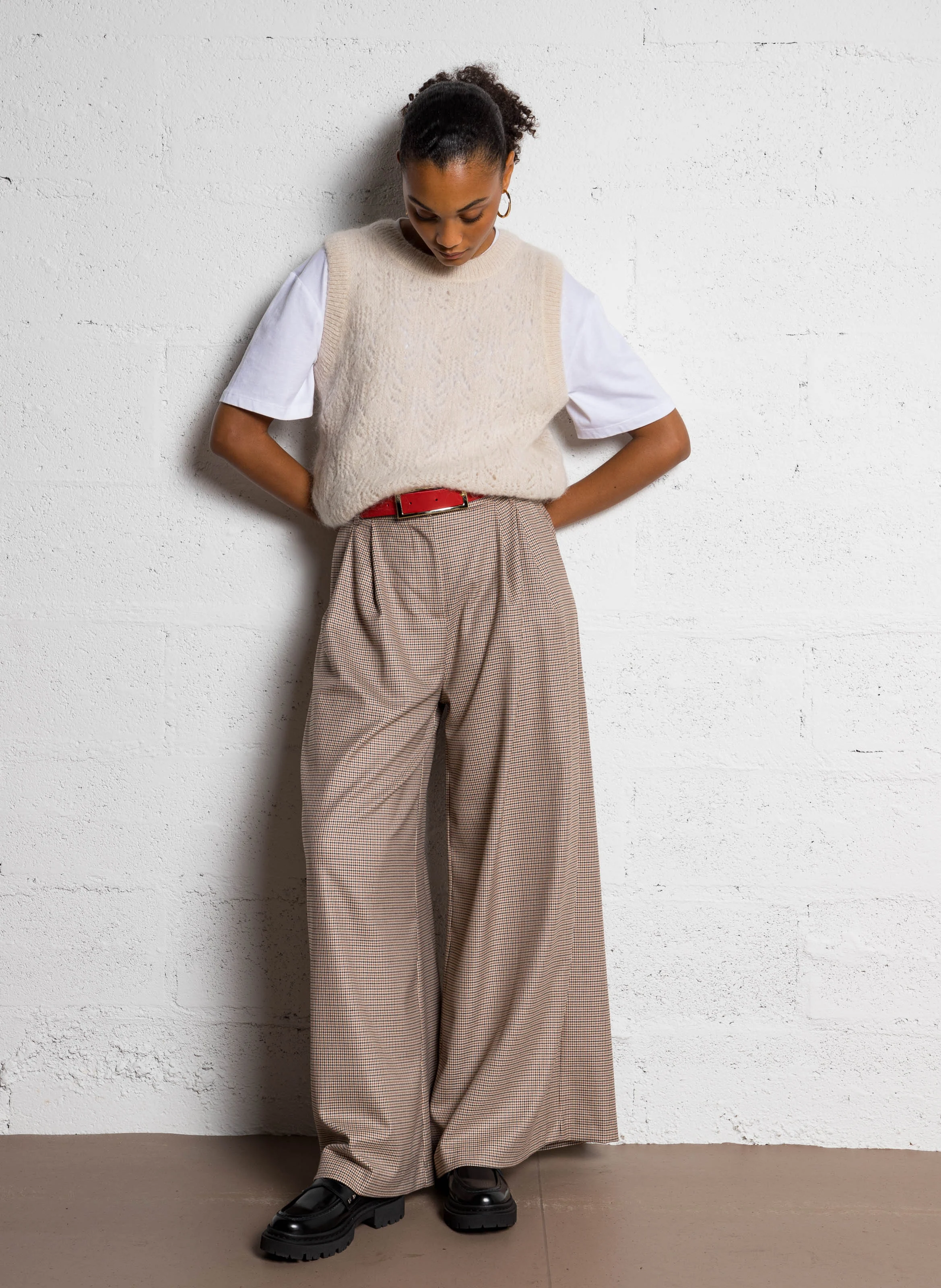 Gilet col rond droit en laine mélangée | Beige