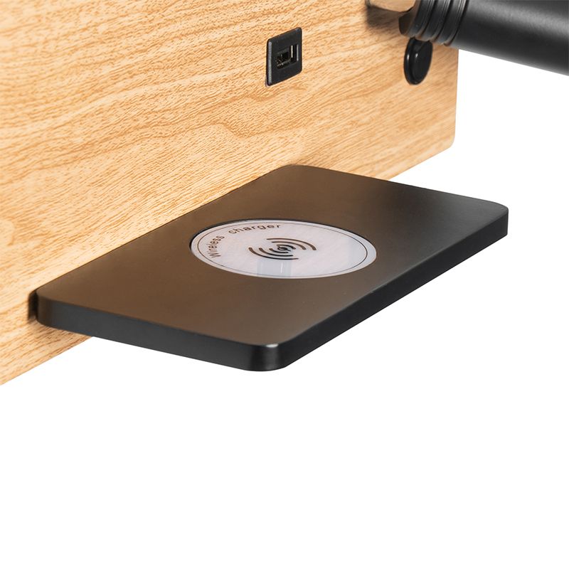 Set van 2 wandlamp zwart met hout incl. LED met USB en inductielader - Riza