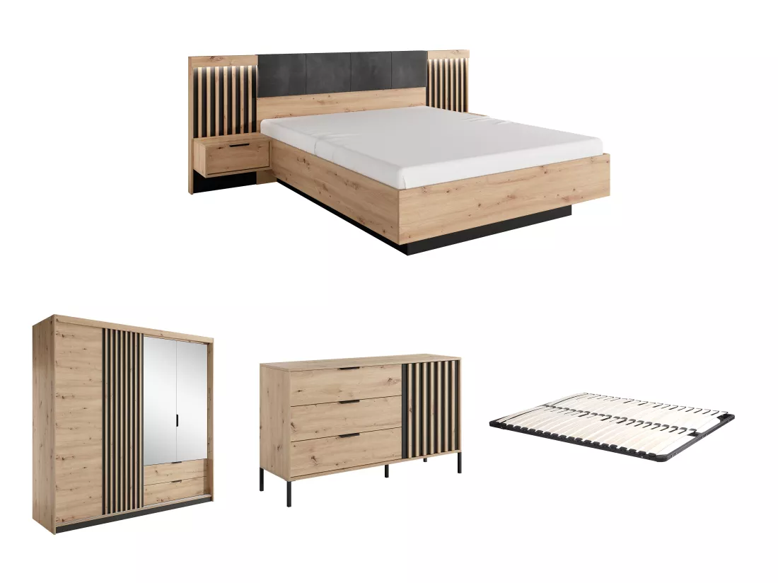 Ensemble lit avec chevets 160 x 200 cm + Sommier + Commode + Armoire - Coloris : Naturel et noir - ARIADA