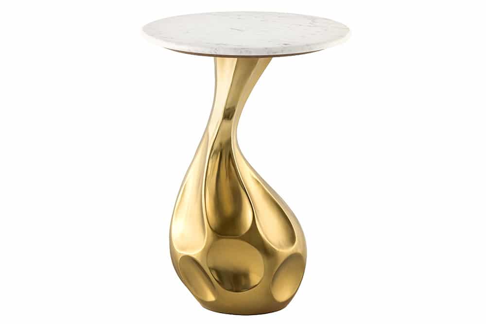 Runder Beistelltisch TEAR 60cm gold weiß mit Marmor-Tischplatte handmade