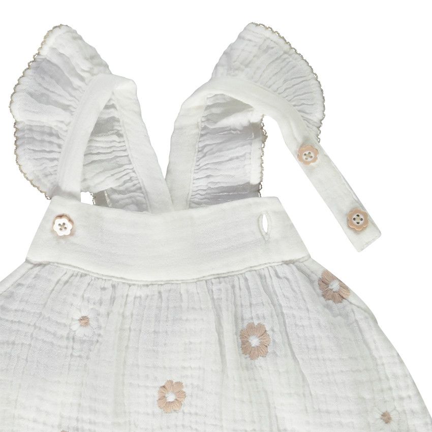 Tunique sans manches en double gaze broderies fleurs pour bébé fille - Ecru