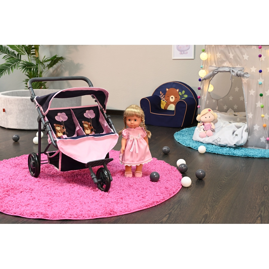 knorr toys® Zwillingspuppenwagen Duo - Navy pink bear blau