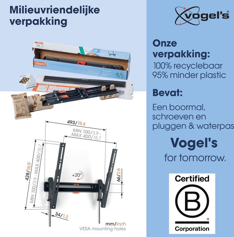 Vogel's - COMFORT TVM 3415 - Kantelbare TV-Beugel - Zwart - Max 25kg - VESA 400x400