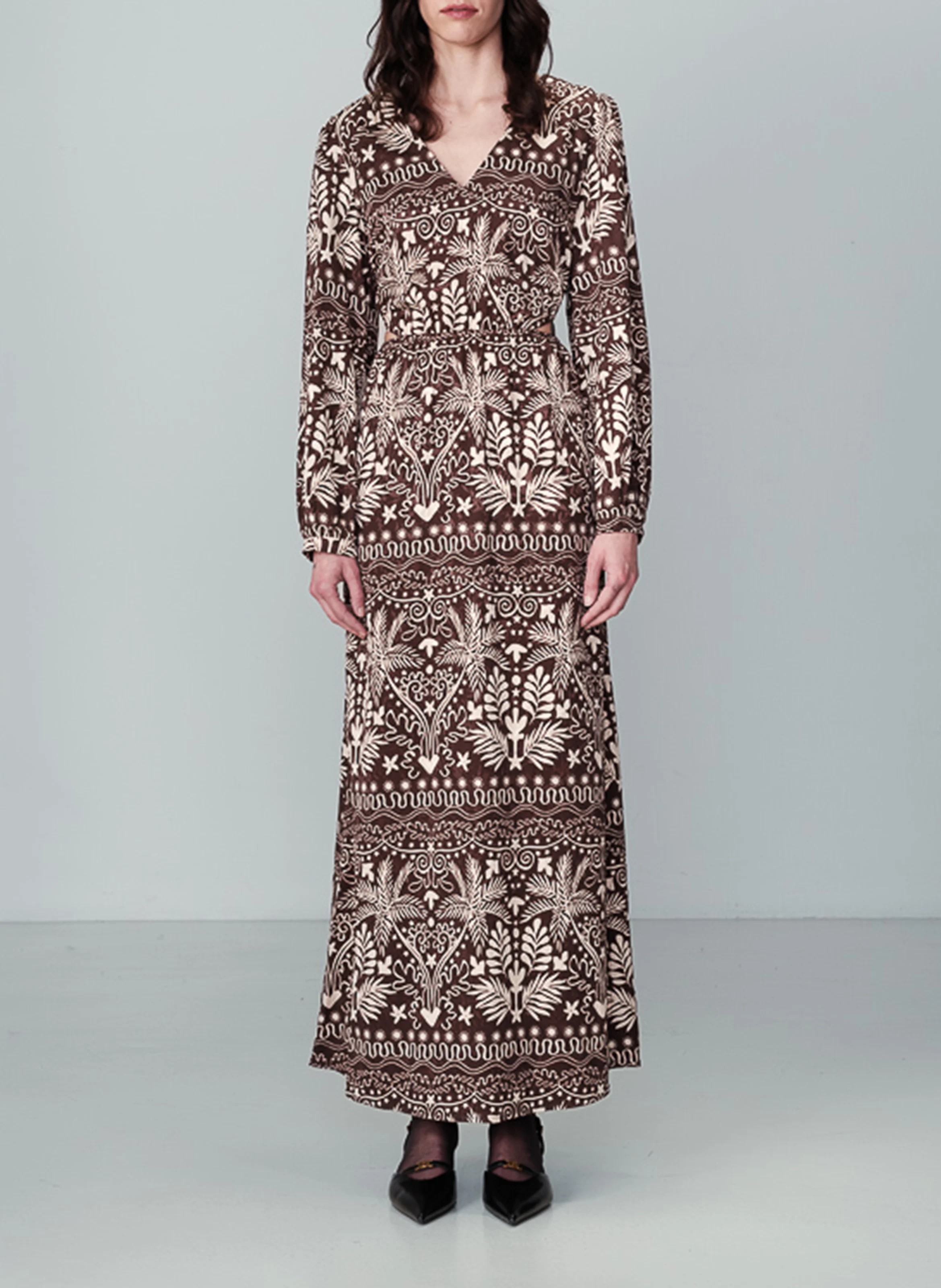 NEMESIS - Robe longue fendue jacquard imprimé | Marron