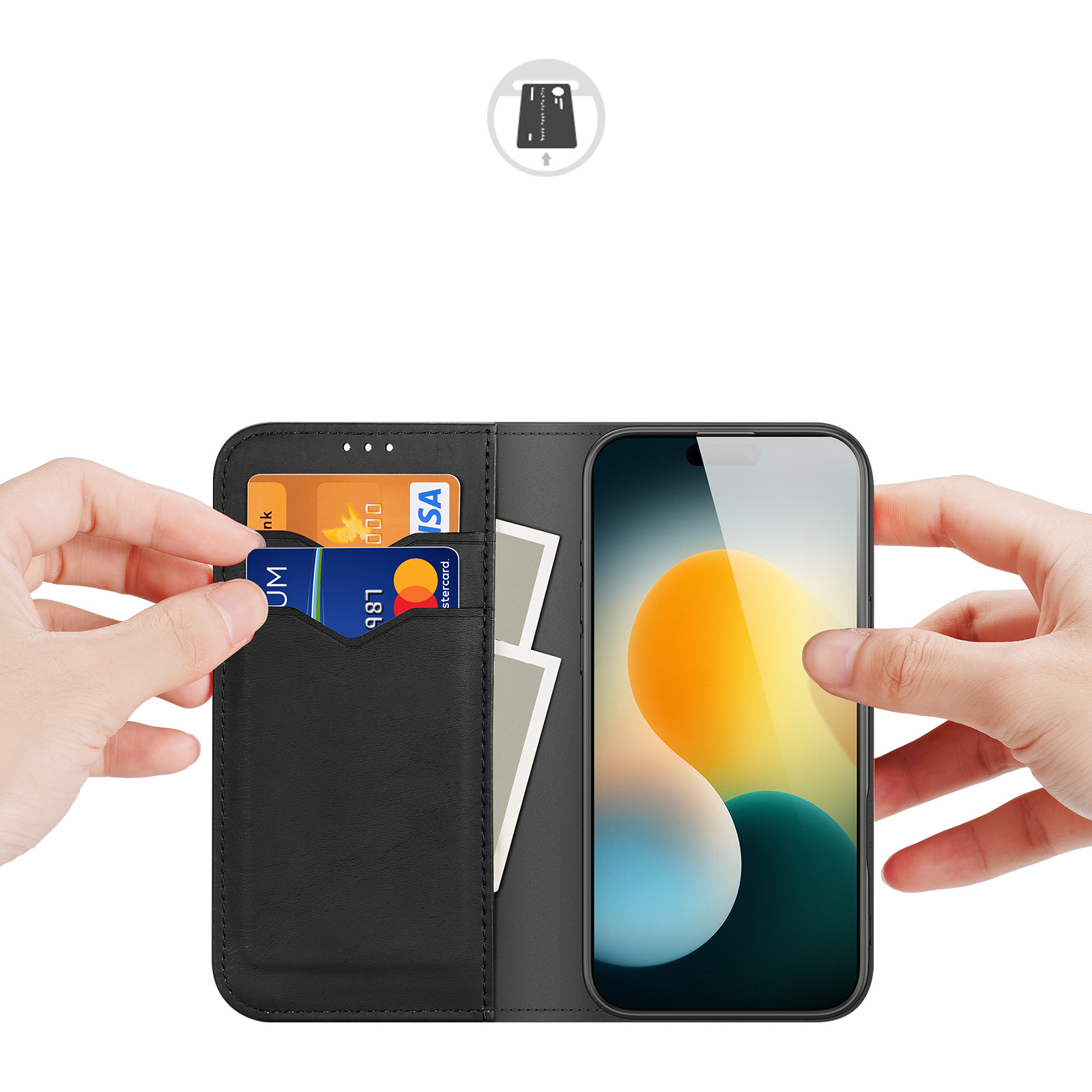 iPhone 17 Pro Flip Wallet Cover Echtleder Tasche (RFID Schutz) - Schwarz