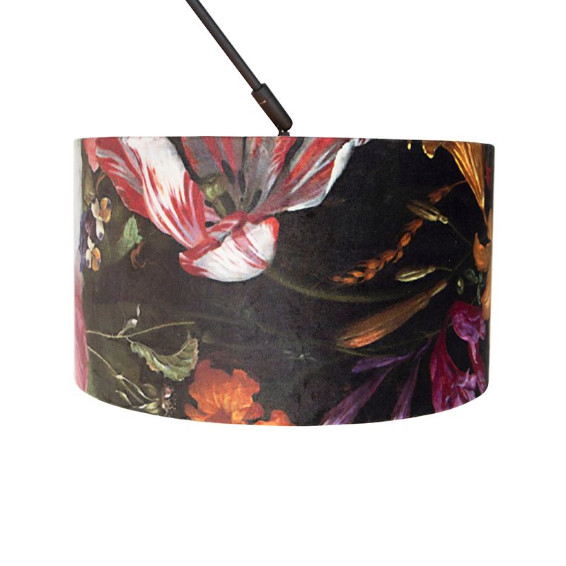 Hanglamp zwart met velours kap bloemen met goud 35 cm - Blitz