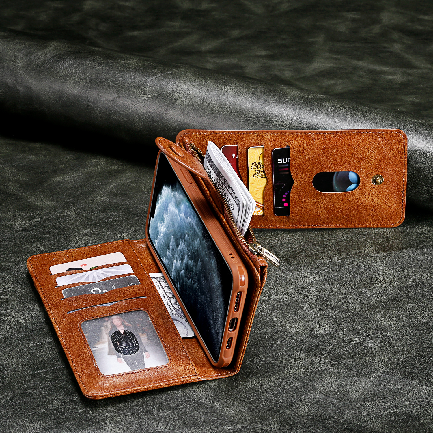 iPhone 16e Leder Wallet Etui Tasche mit 9 Kartenfächern   Münzfach - Braun