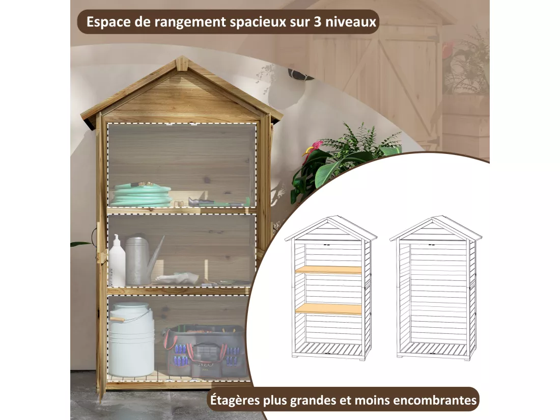 Armoire de jardin abri jardin sur pied toit bitumé 2 portes verrouillables bois sapin pré-huilé