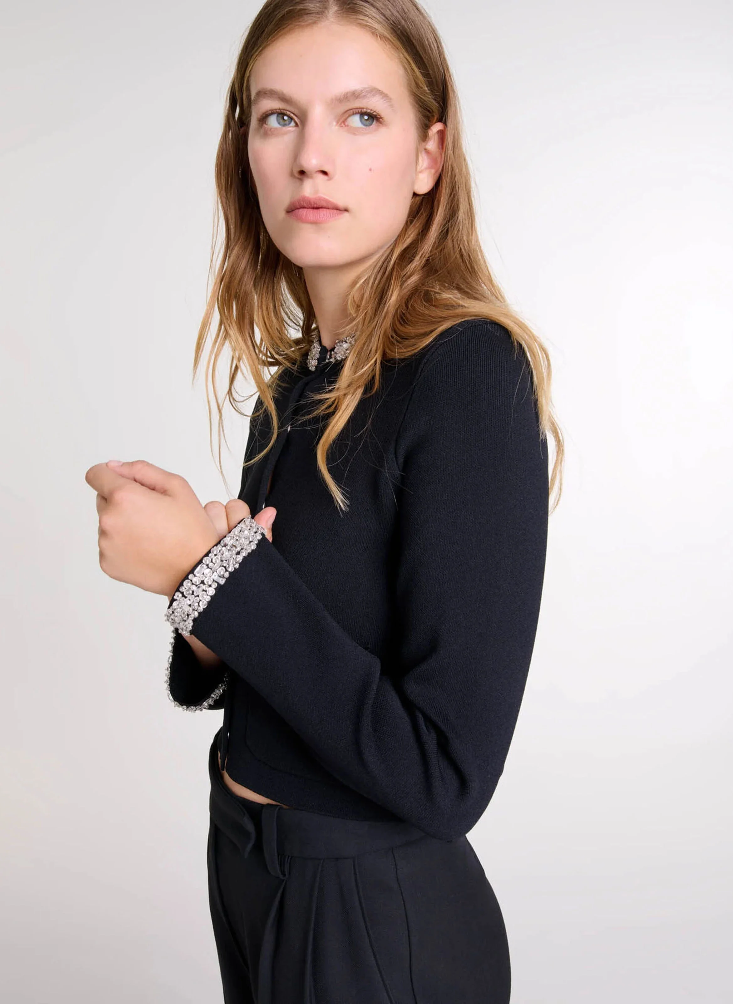 Cardigan droit à strass | Noir