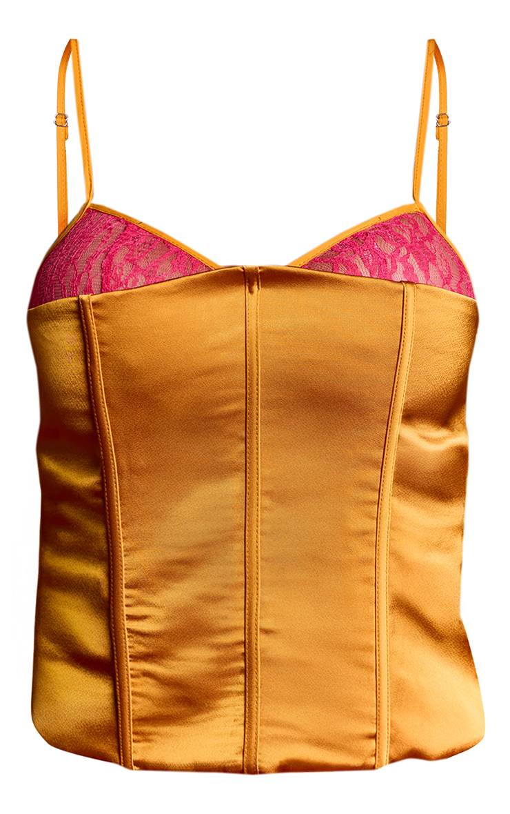 Orange Top Corset À Bretelles En Dentelle Et Satin Contrasté