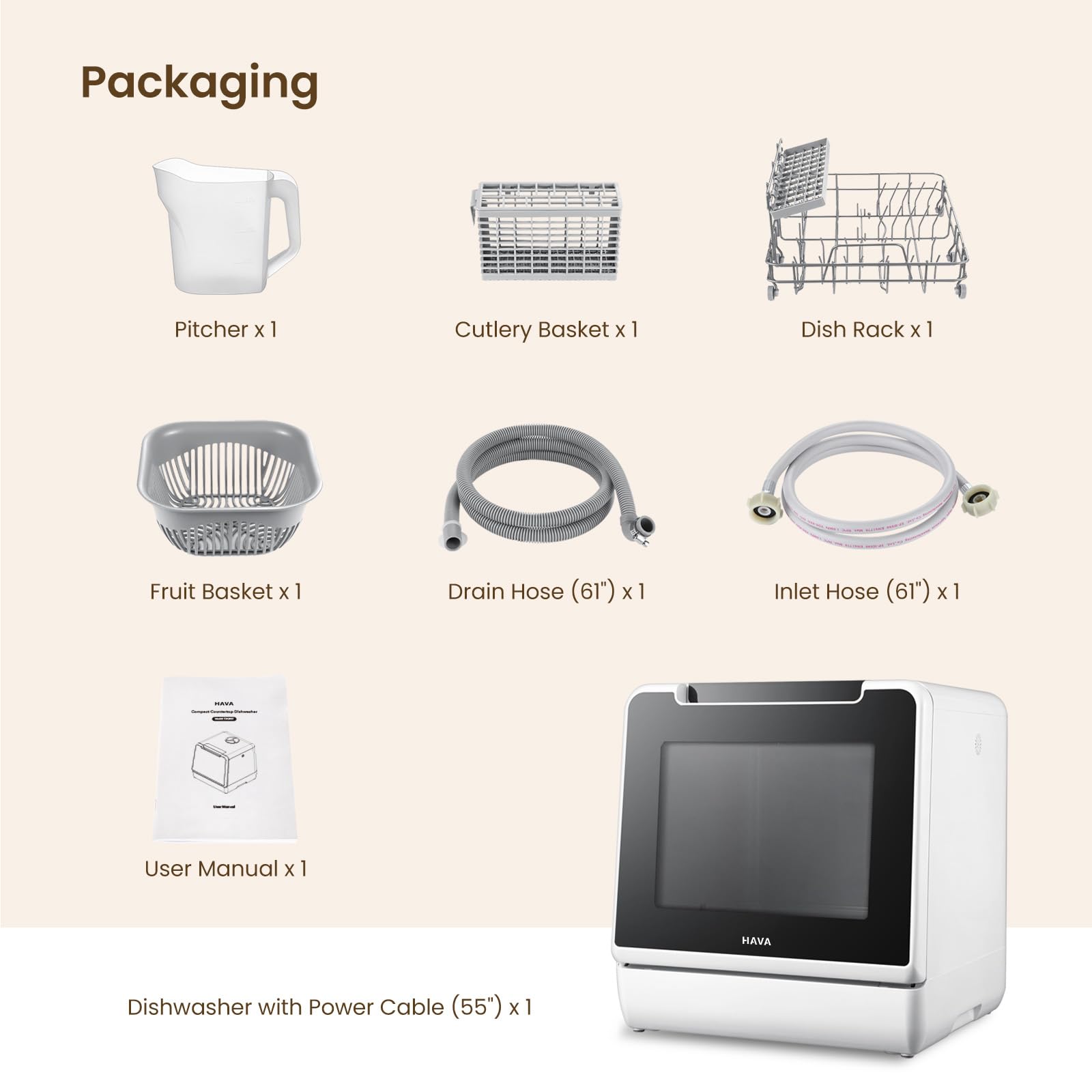 HAVA mini lave vaisselle, nouveau modèle amélioré 2024, 8 programmes de lavage, lave-vaisselle portable avec sécurité enfant et fonction de démarrage