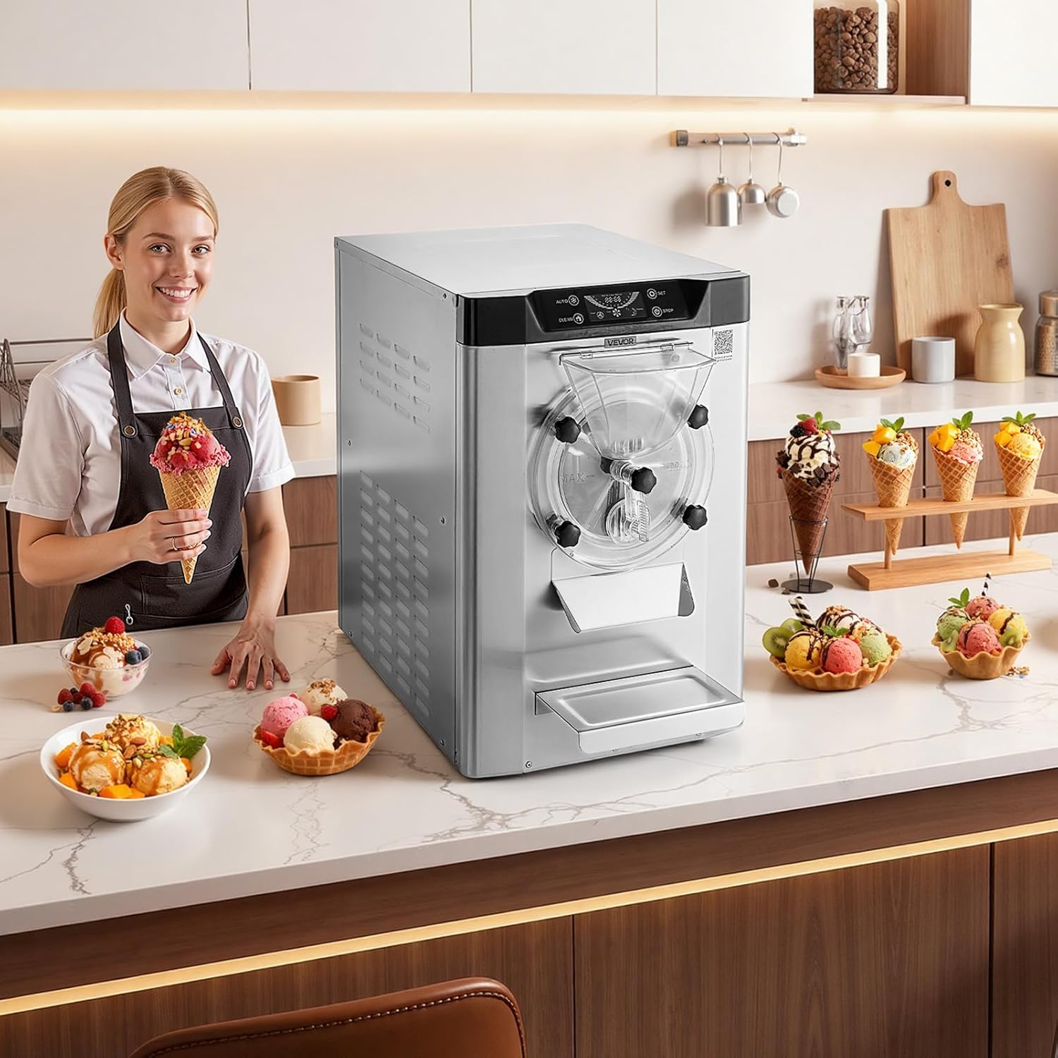 VEVOR Gewerbliche Eismaschine Eiscrememaschine 2000 W 12–20 L/h, Tischgerät für Gelato mit 6 L Edelstahlbehälter (304) & Selbstreinigendes LED-Bedienfeld für Snackbars Restaurants Silber